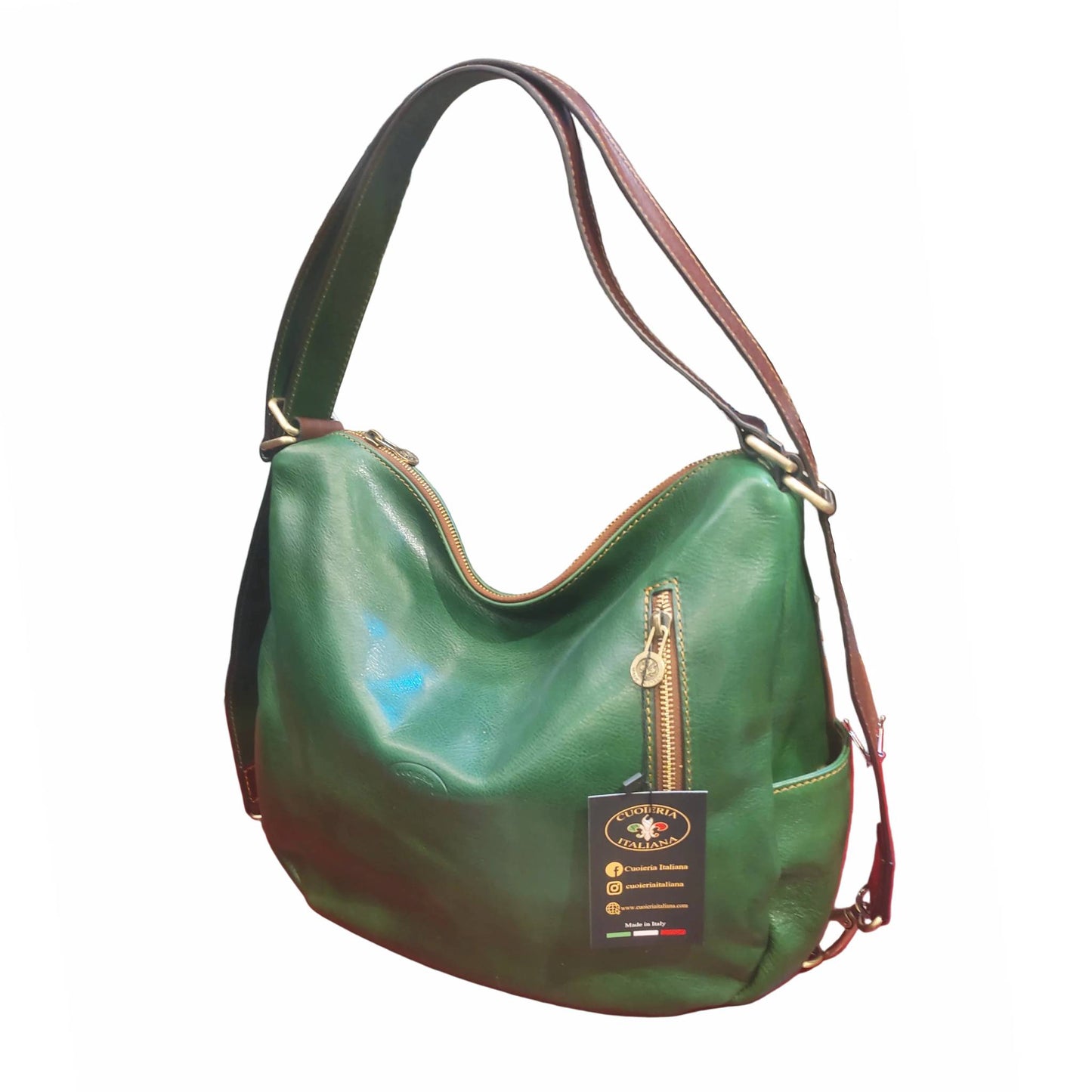 borsa zaino da donna in cuoio verde e marrone vera pelle artigianale made in italy cuoieria italiana