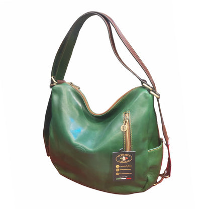 borsa zaino da donna in cuoio verde e marrone vera pelle artigianale made in italy cuoieria italiana