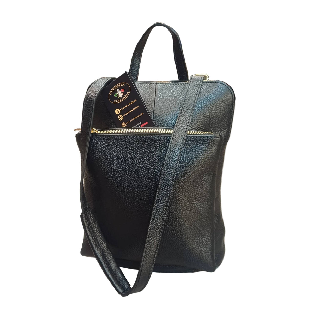 borsa zaino da donna in vitello martellato colore nero fatta a mano in cuoio tracolla in pelle made in italy cuoieria italiana