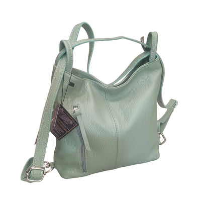 borsa zaino da donna in vitello martellato fatta a mano in vera pelle salvia made in italy cuoieria italiana