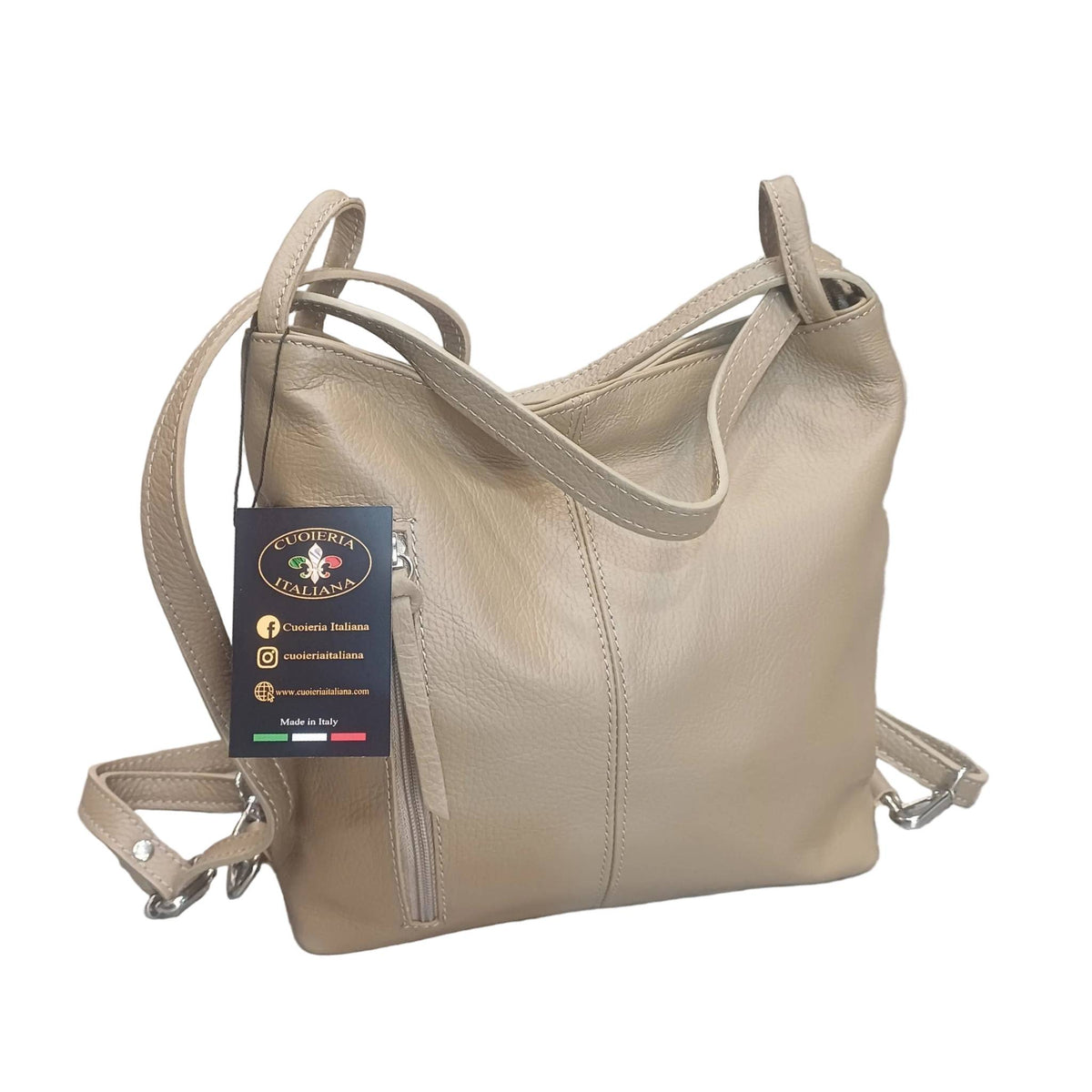 borsa zaino da donna in vitello martellato fatta a mano in vera pelle taupe medio made in italy cuoieria italiana