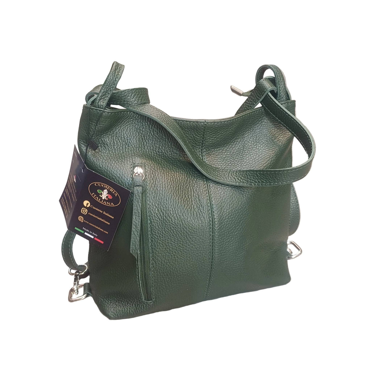 borsa zaino da donna in vitello martellato fatta a mano in vera pelle verde foresta scuro made in italy cuoieria italiana