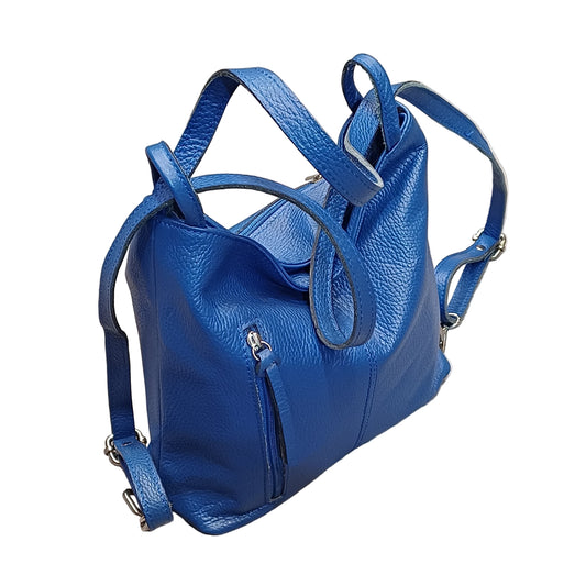 borsa zaino da donna in vitello martellato vera pelle blu elettrico made in italy cuoieria italiana