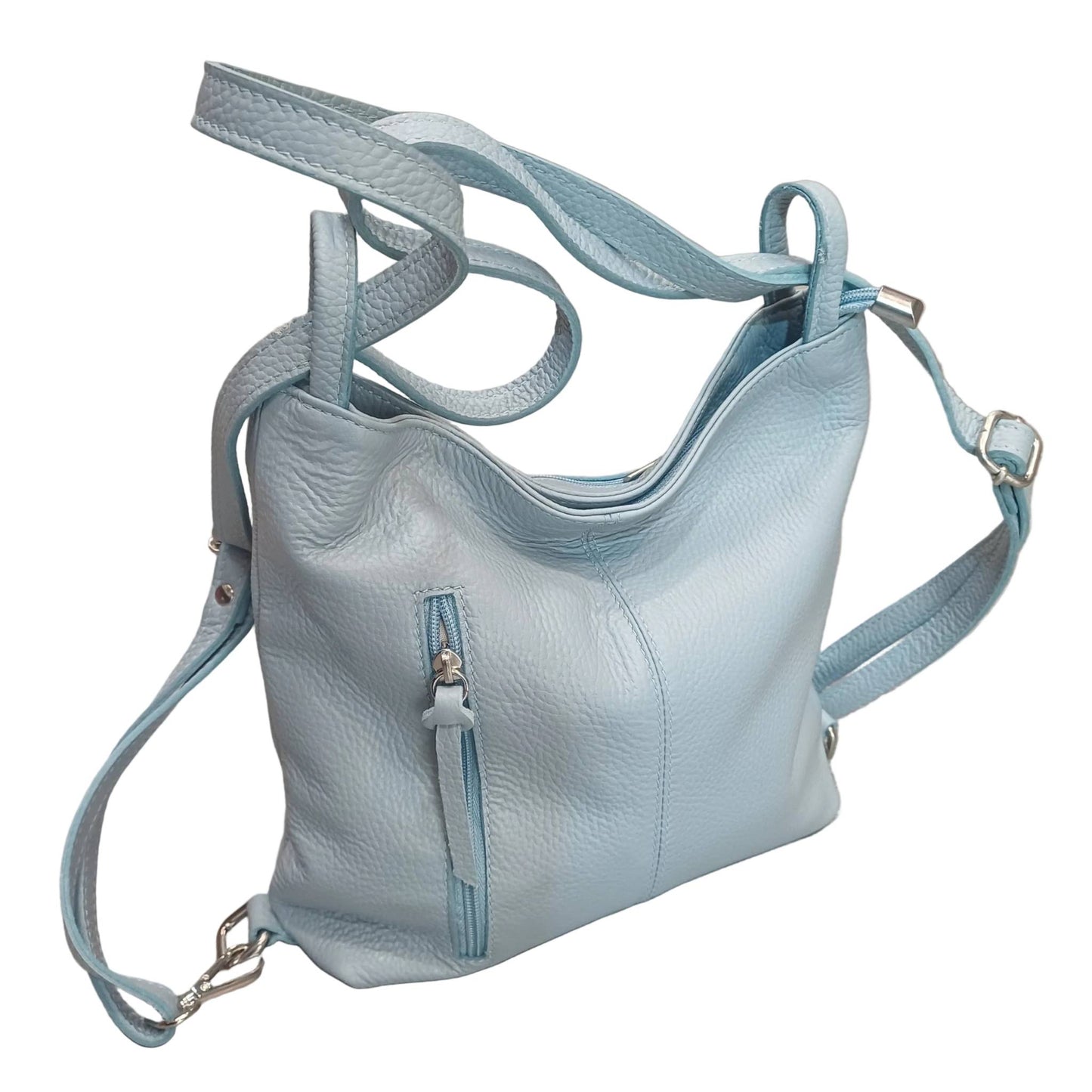 borsa zaino da donna in vitello martellato vera pelle celeste made in italy cuoieria italiana