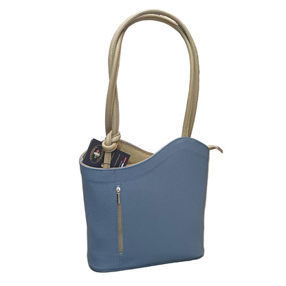 borsa zaino nodo in pelle azzurro blue jeans e taupe chiaro vitello martellato fatta a mano in cuoio made in italy cuoieria italiana