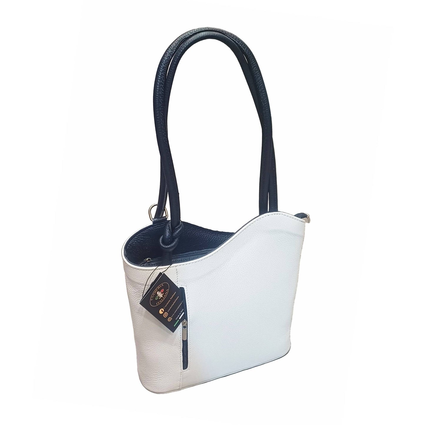borsa zaino nodo in pelle bianca e blu vitello martellato made in italy cuoieria italiana