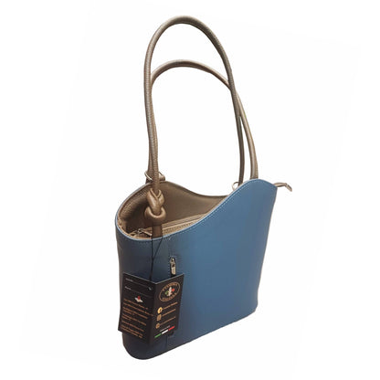 borsa zaino nodo in pelle blue jeans e taupe scuro vitello martellato made in italy cuoieria italiana