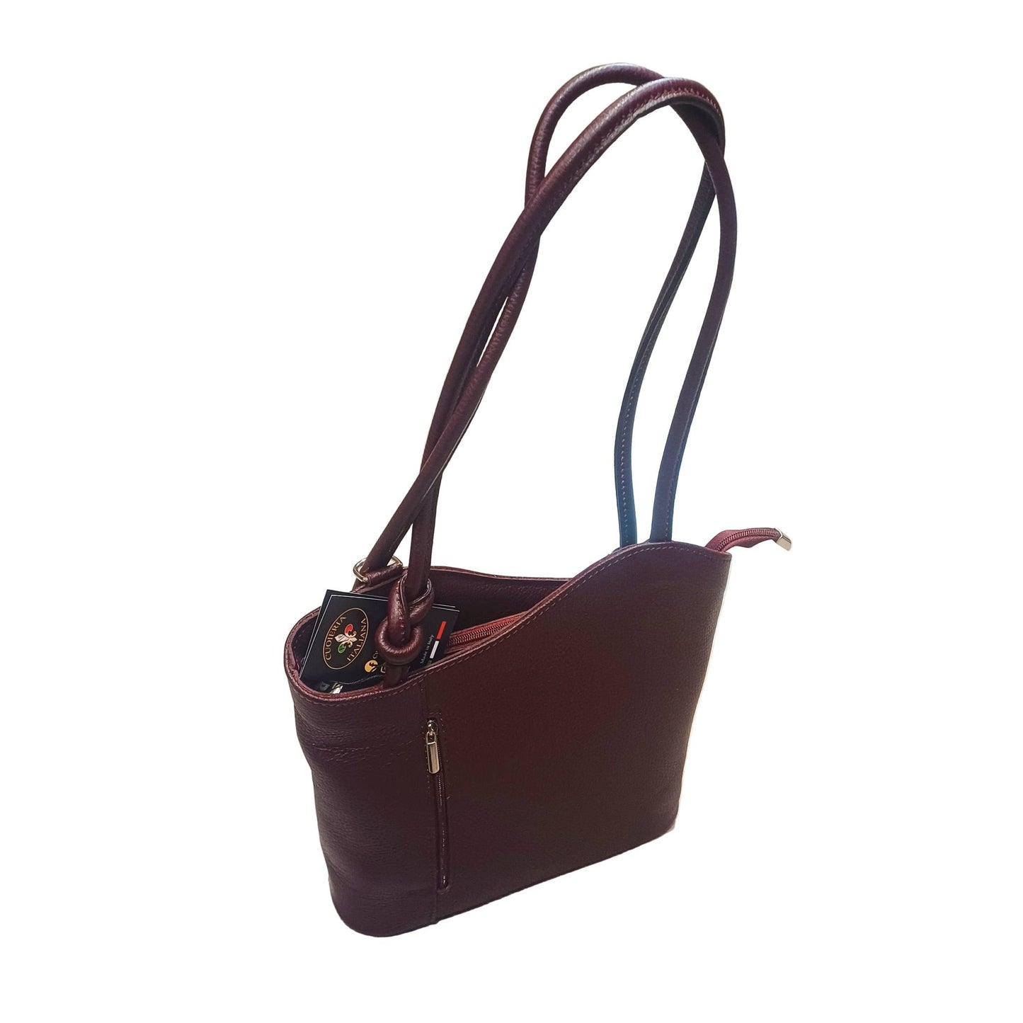 borsa zaino nodo in pelle bordeaux scuro vitello martellato made in italy cuoieria italiana