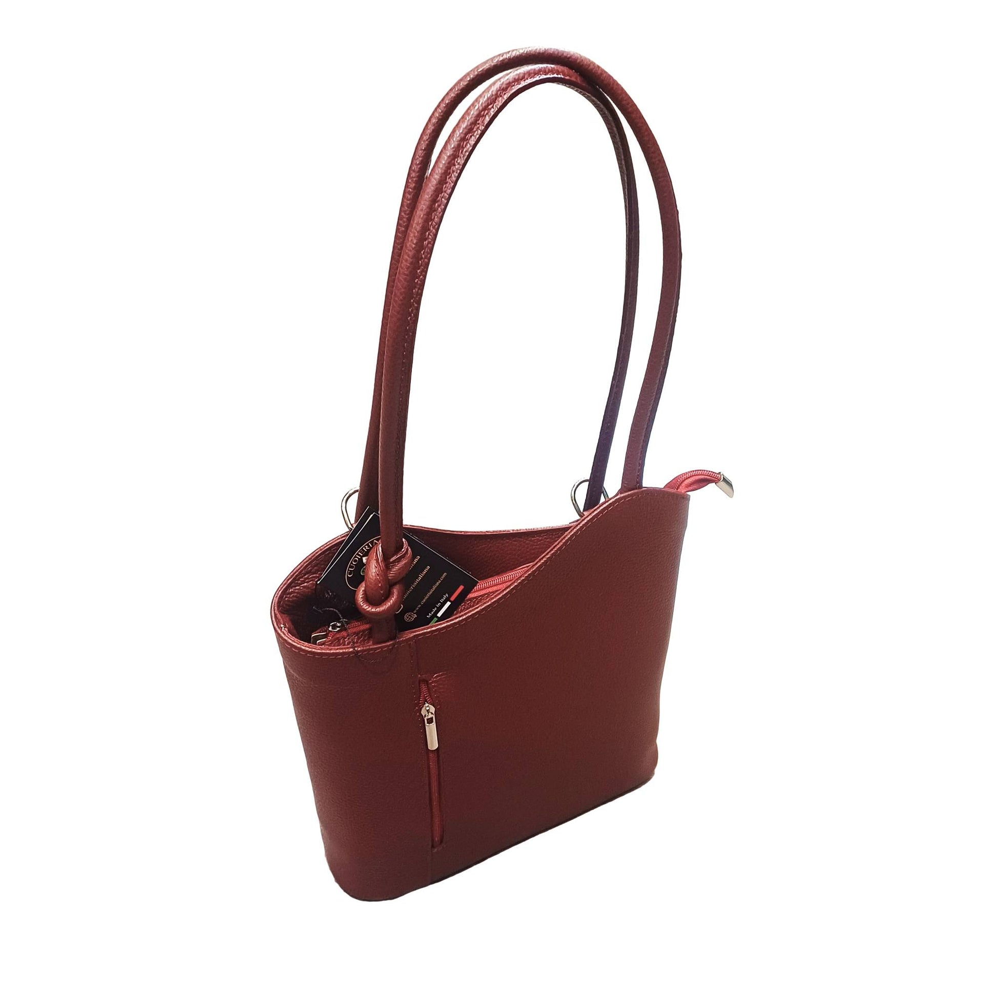 borsa zaino nodo in pelle bordeaux vitello martellato made in italy cuoieria italiana