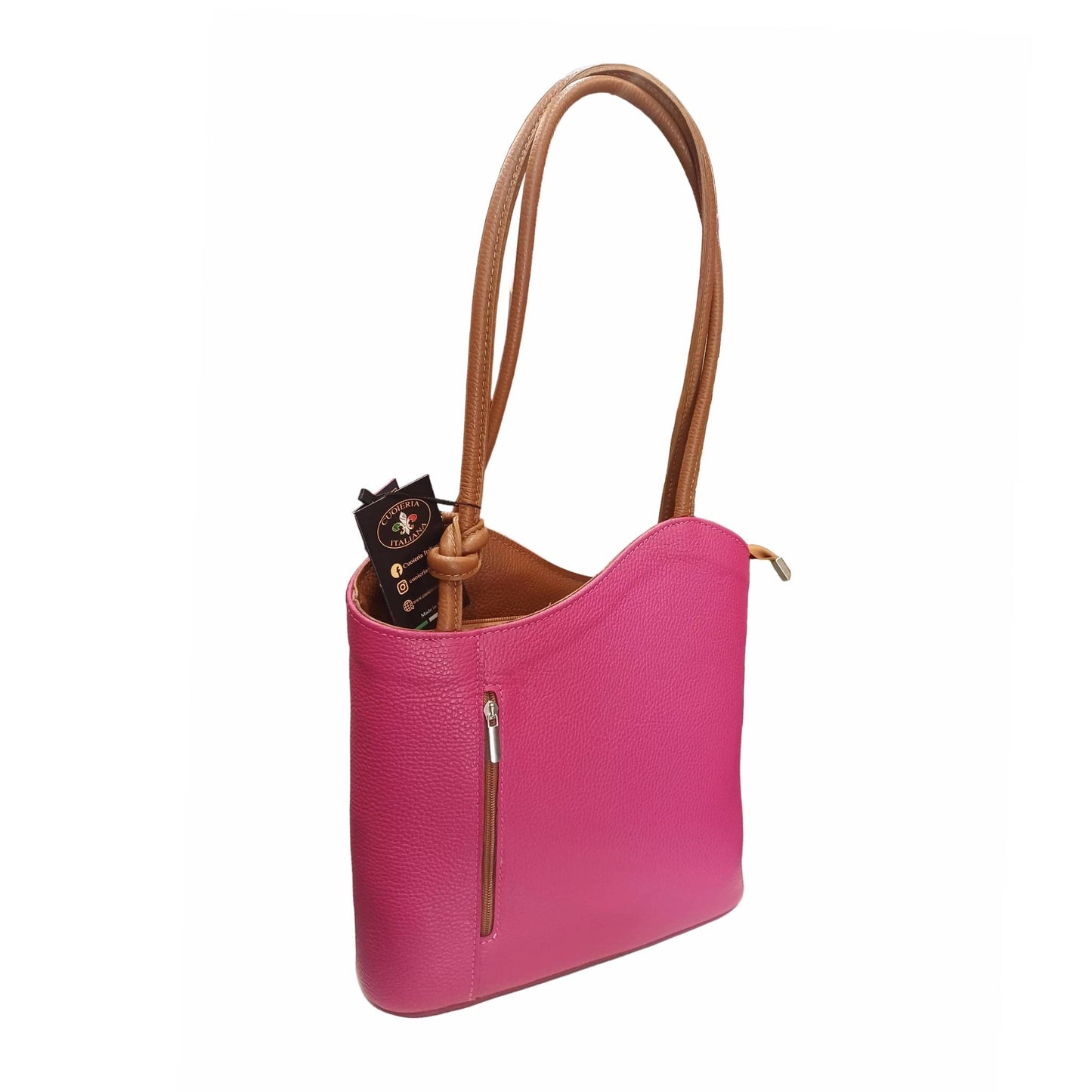 borsa zaino nodo in pelle fucsia e cuoio vitello martellato made in italy cuoieria italiana