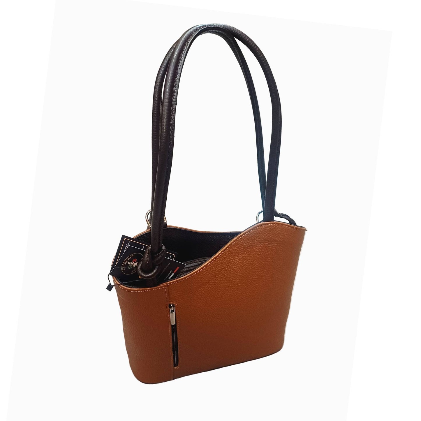 borsa zaino nodo in pelle marrone e testa di moro vitello martellato made in italy cuoieria italiana
