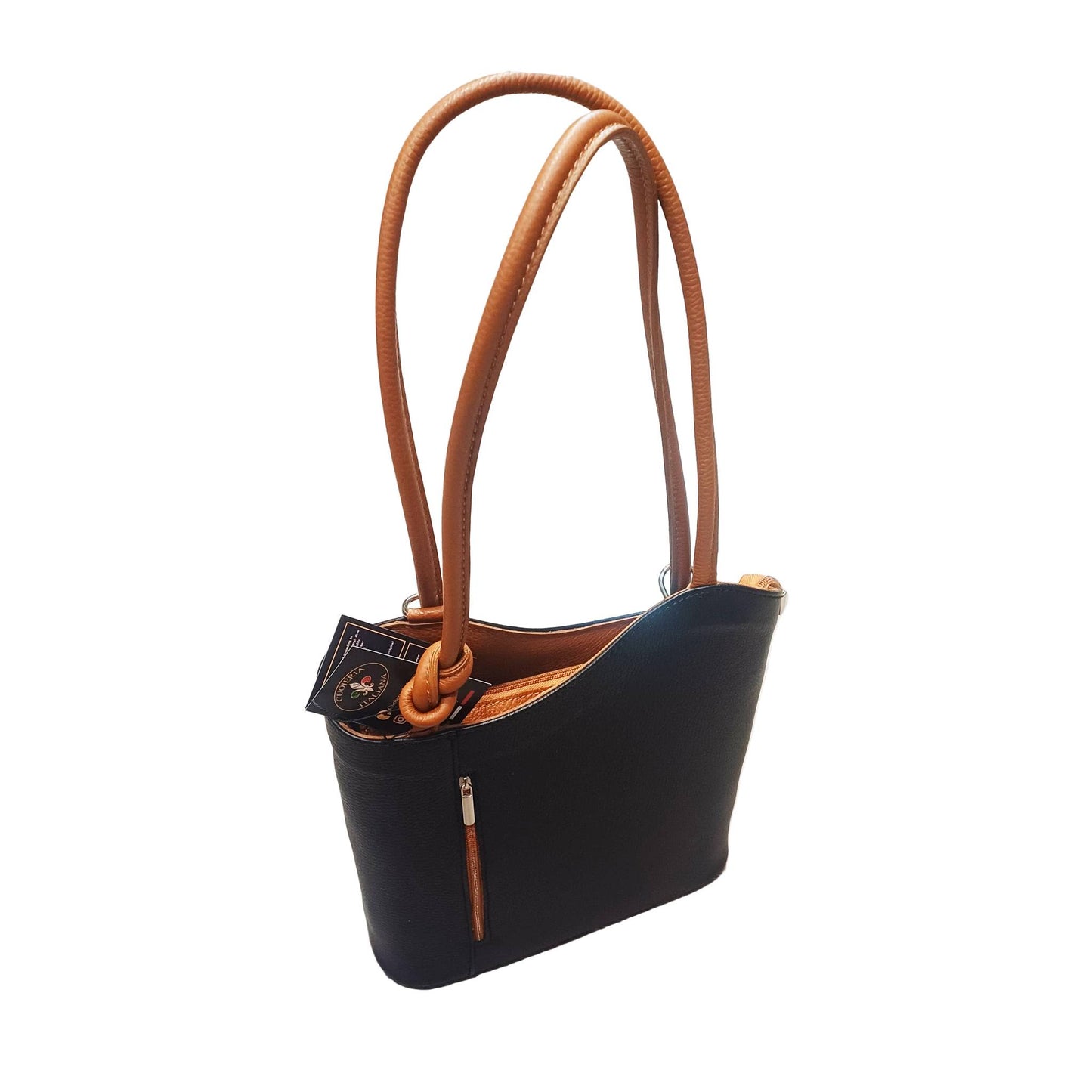 borsa zaino nodo in pelle nera e marrone vitello martellato made in italy cuoieria italiana