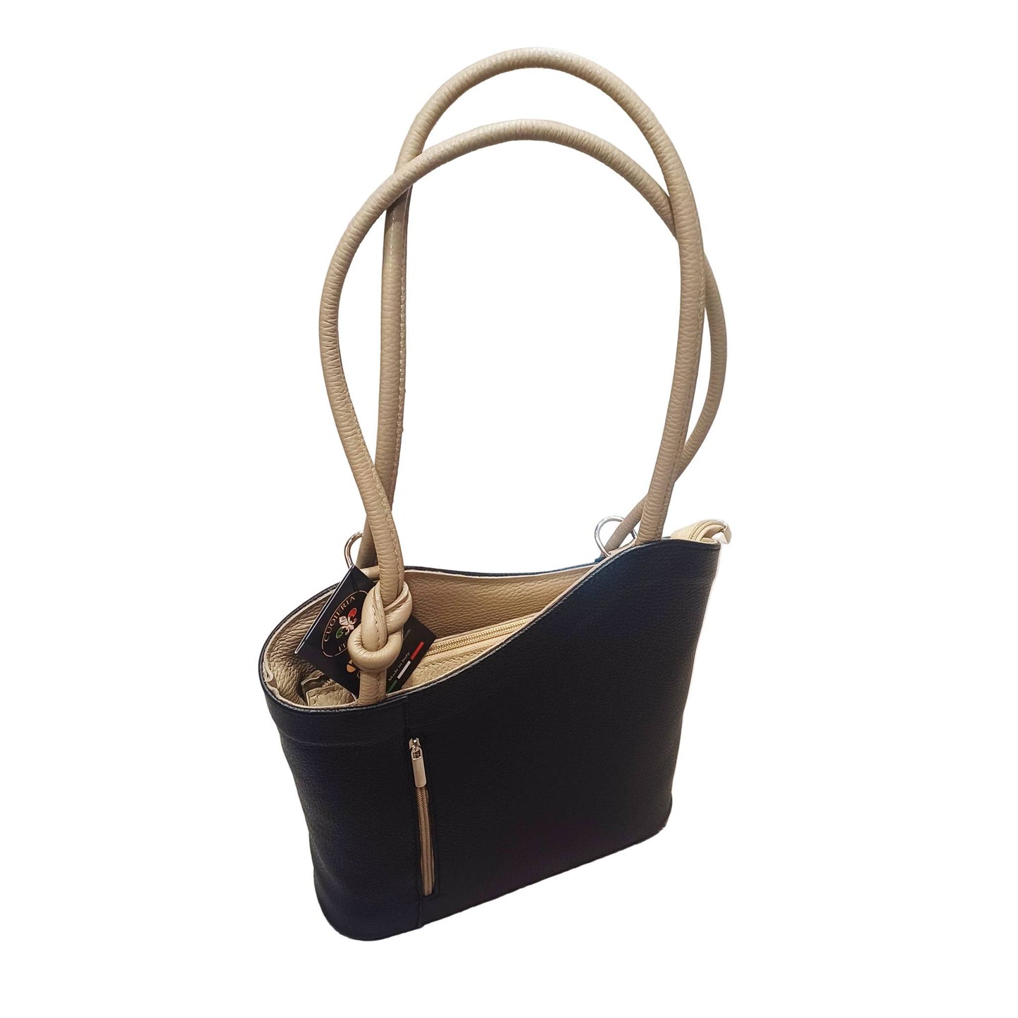 borsa zaino nodo in pelle nero e beige vitello martellato made in italy cuoieria italiana