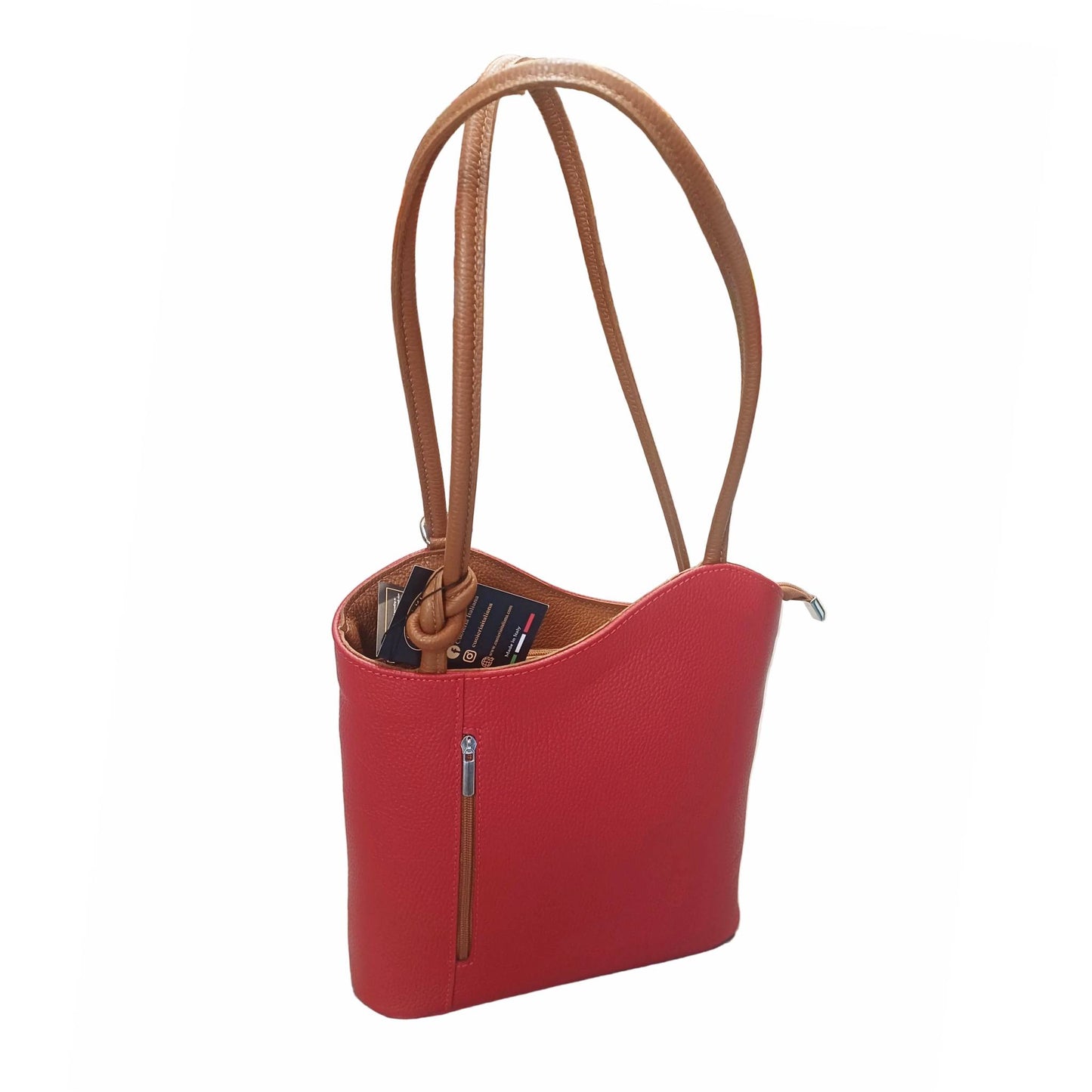 borsa zaino nodo in pelle rossa e cuoio vitello martellato made in italy cuoieria italiana