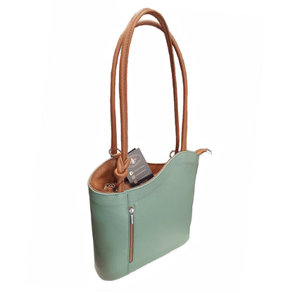 borsa zaino nodo in pelle salvia e cuoio vitello martellato made in italy cuoieria italiana