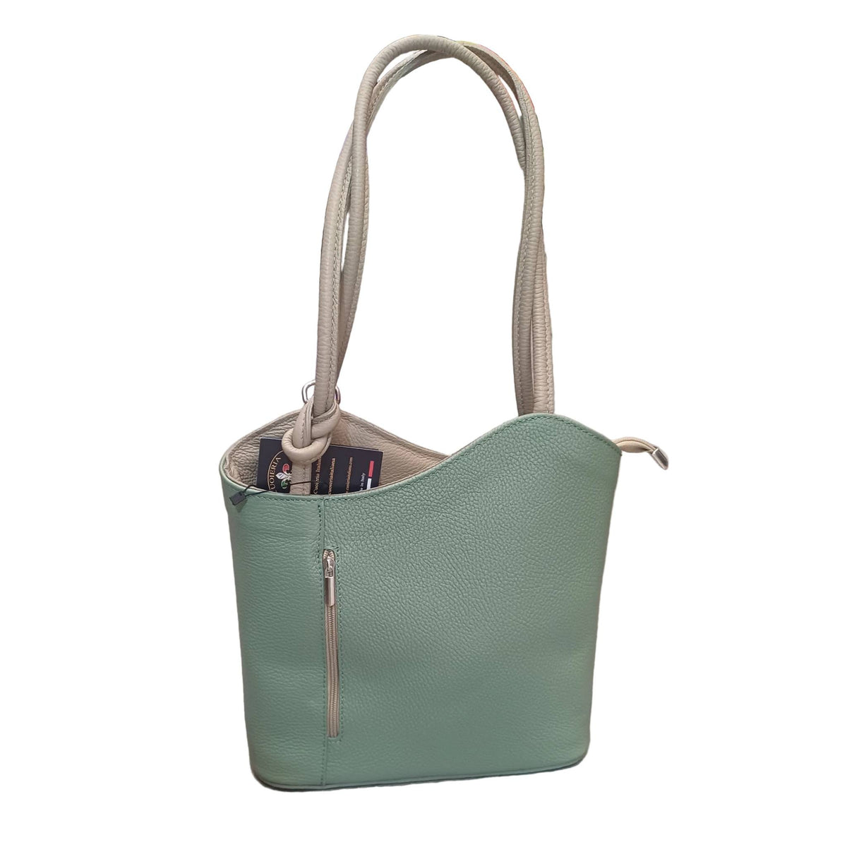 borsa zaino nodo in pelle salvia e taupe chiaro vitello martellato fatta a mano in cuoio made in italy cuoieria italiana