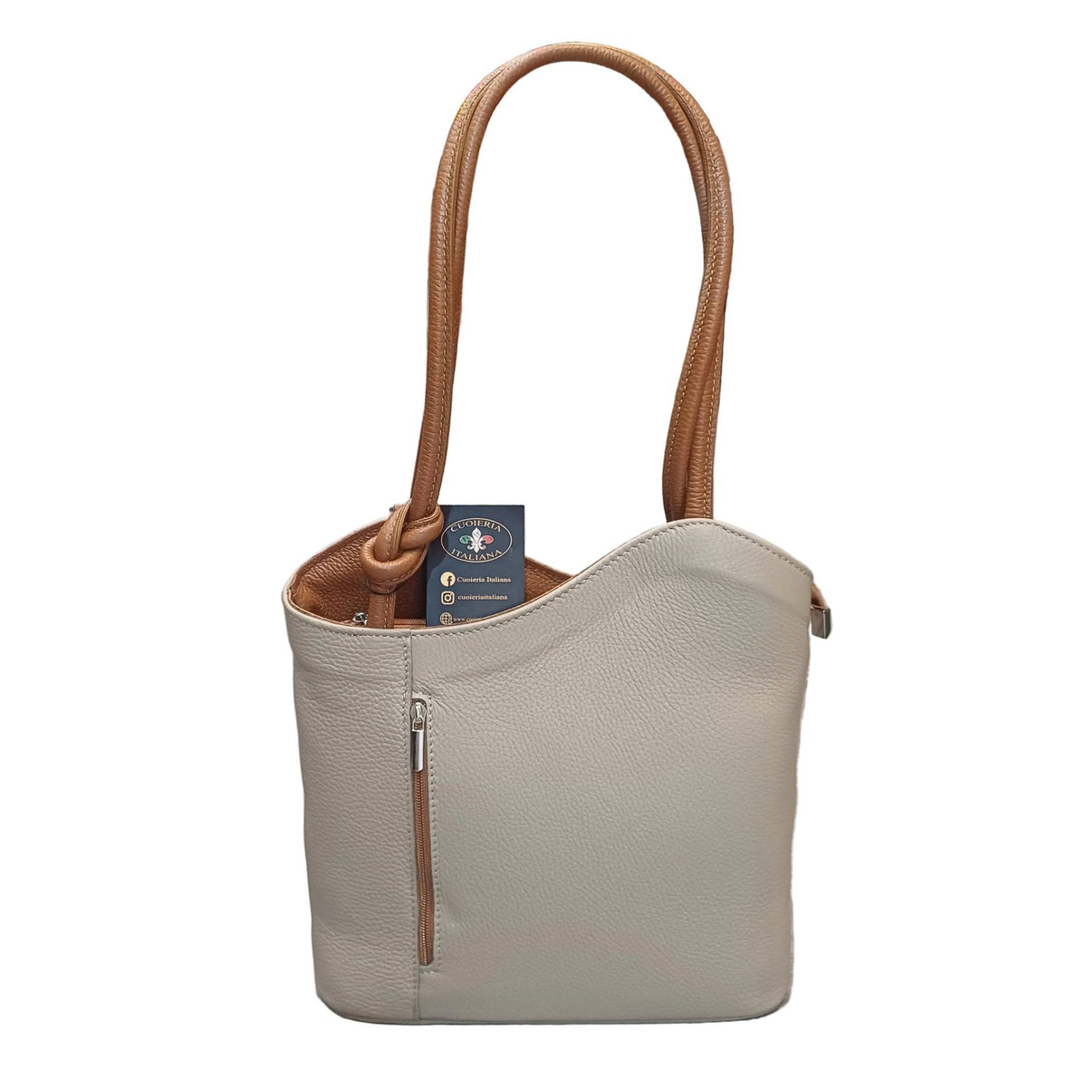 borsa zaino nodo in pelle taupe chiaro e marrone vitello martellato fatta a mano in cuoio made in italy cuoieria italiana