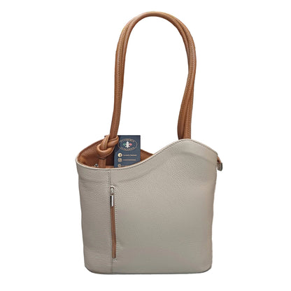 borsa zaino nodo in pelle taupe chiaro e marrone vitello martellato fatta a mano in cuoio made in italy cuoieria italiana