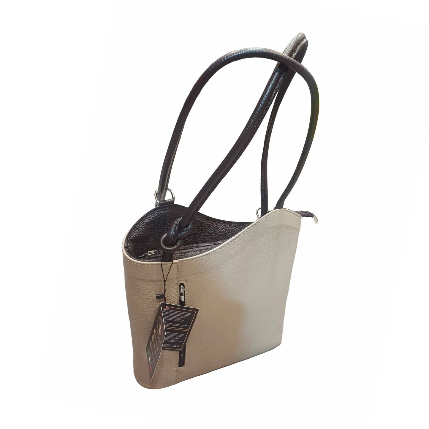 borsa zaino nodo in pelle taupe chiaro e testa di moro vitello martellato made in italy cuoieria italiana