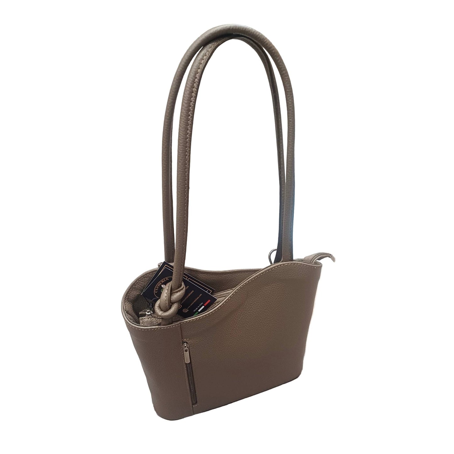 borsa zaino nodo in pelle taupe scuro vitello martellato made in italy cuoieria italiana