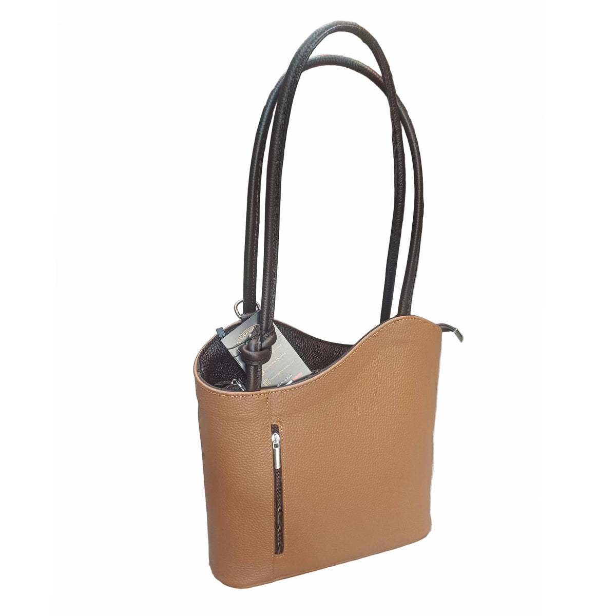 borsa zaino nodo in pelle tinta cuoio naturale e testa di moro vitello martellato fatta a mano in cuoio made in italy cuoieria italiana