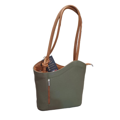 borsa zaino nodo in pelle verde militare e cuoio vitello martellato fatta a mano in cuoio made in italy cuoieria italiana