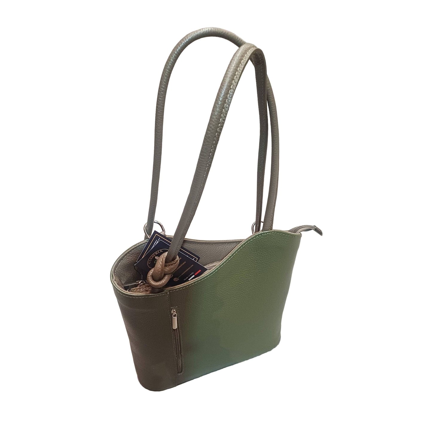 borsa zaino nodo in pelle verde militare e taupe vitello martellato made in italy cuoieria italiana