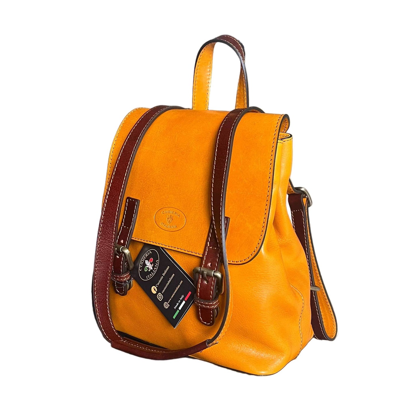 borsa zaino smart zaino compatto in pelle giallo e marrone borsa a tracolla in cuoio made in italy cuoieria italiana