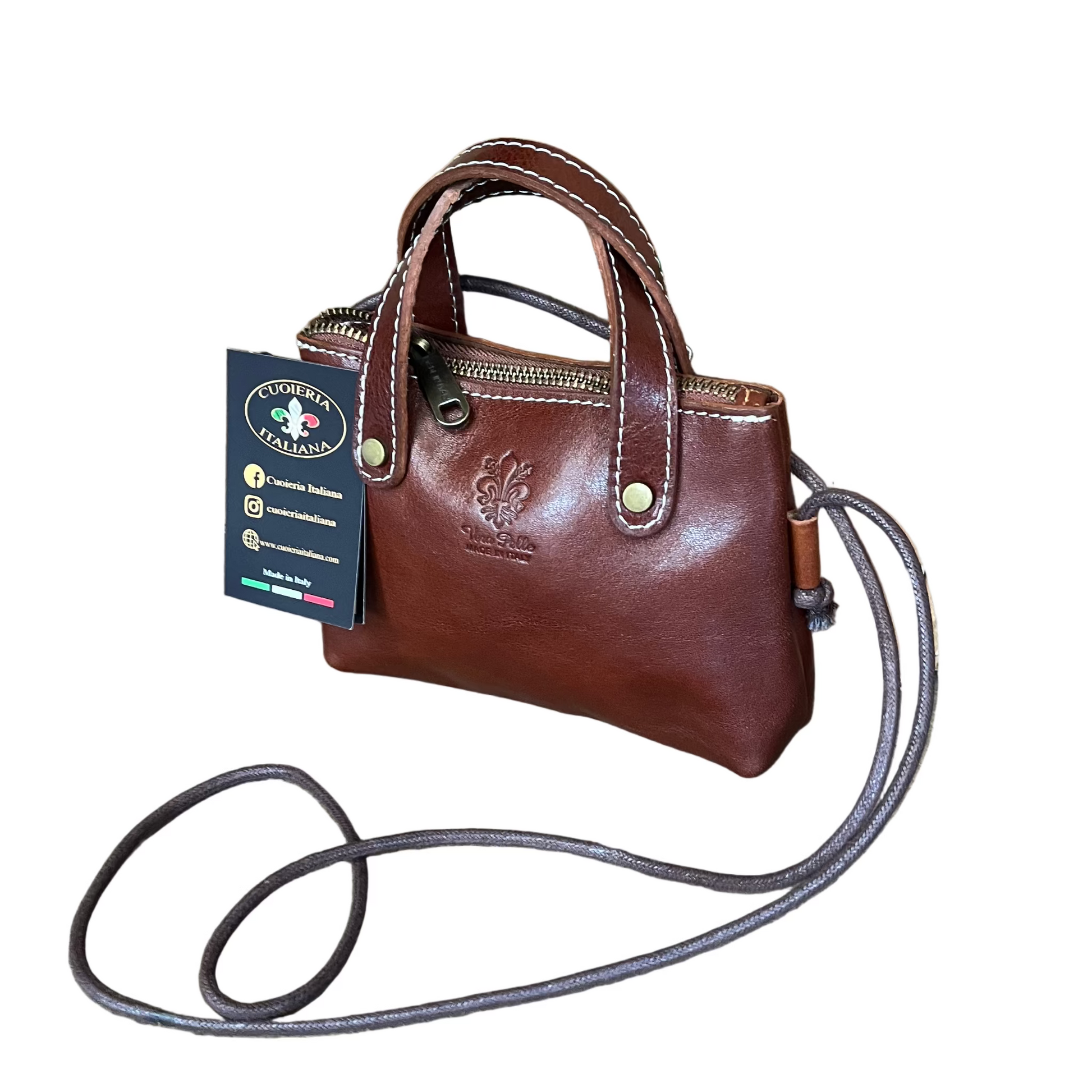 borsetta da donna in pelle marrone classico con manici e tracolla made in italy cuoieria italiana
