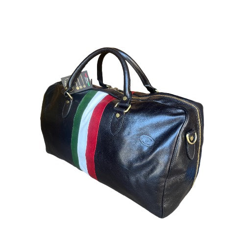 borsone da viaggio in pelle nera con tricolore bagaglio a mano artigianale made in italy cuoieria italiana