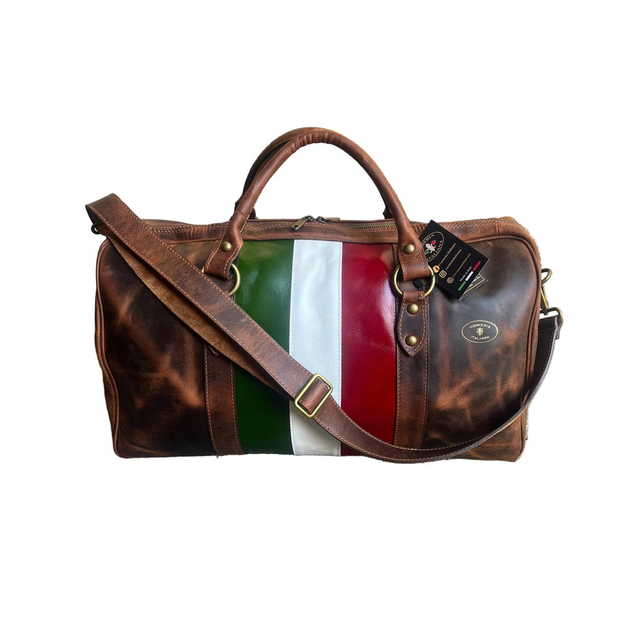 borsone in cuoio invecchiato vintage con tracolla bagaglio a mano in pelle artigianale made in italy cuoieria italiana