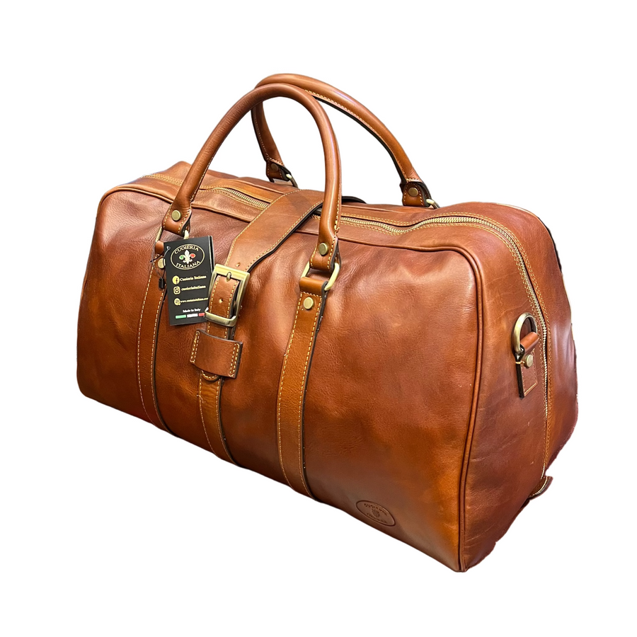 borsone in pelle cuoio naturale da bagaglio a mano borsa da viaggio artigianale e resistente made in italy cuoieria italiana