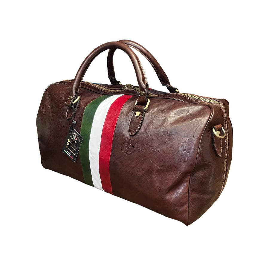 borsone in pelle marrone testa di moro con tricolore bagaglio a mano fatto a mano in cuoio made in italy cuoieria italiana ®