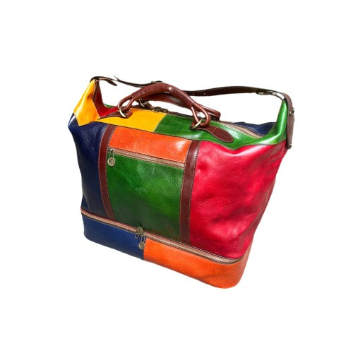 Travel bag with double bottom in multicolor leather