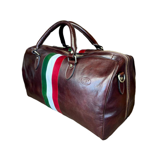 borsone in pelle testa di moro con tricolore bagaglio a mano artigianale made in italy cuoieria italiana