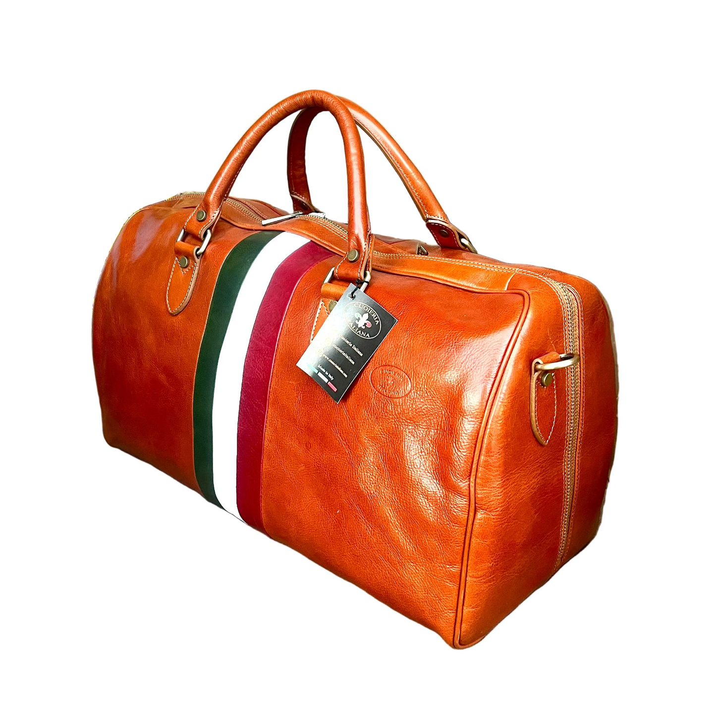 borsone in pelle tinta cuoio naturale con tricolore bagaglio a mano in cuoio fatto a mano made in italy cuoieria italiana ®