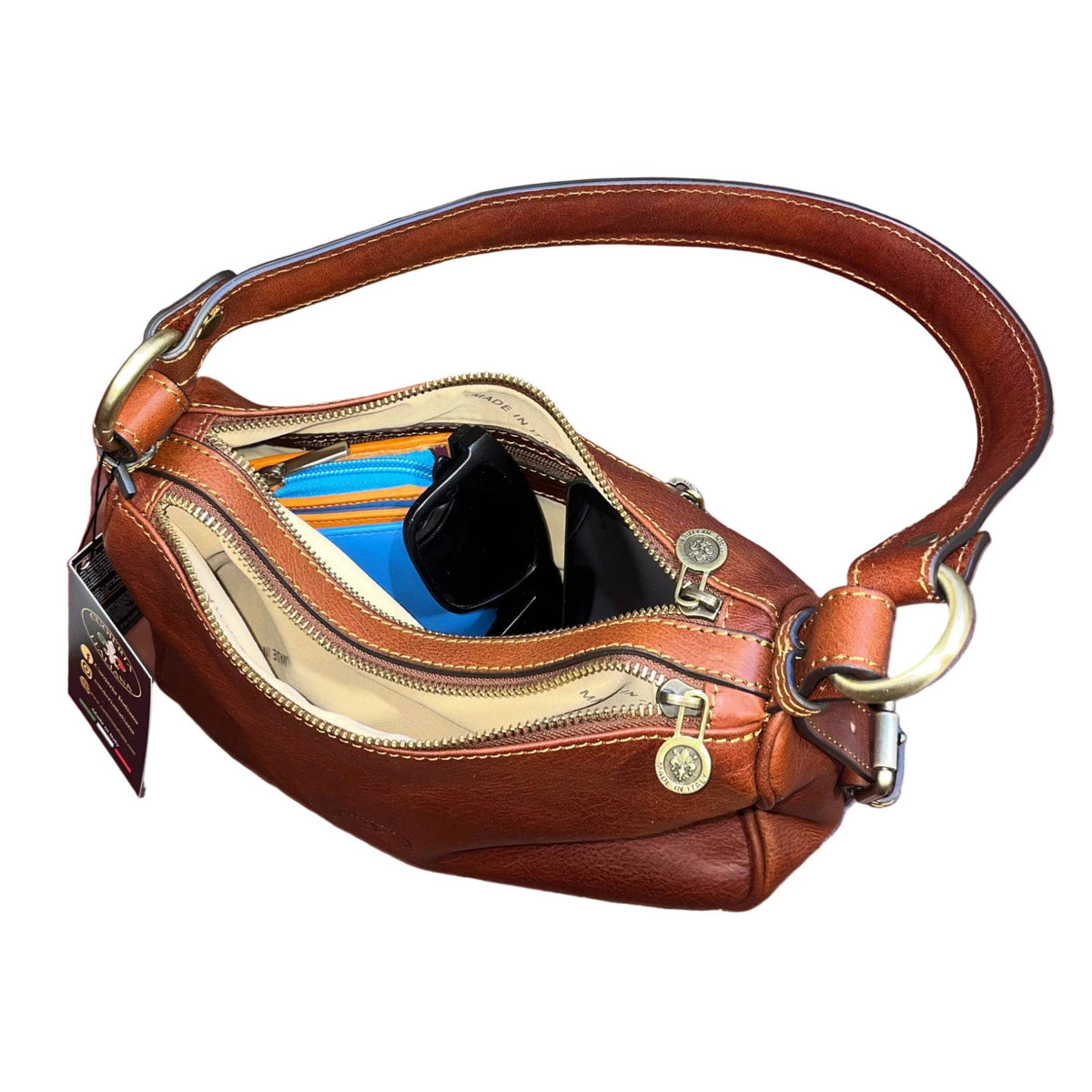 capienza interna cassiopea borsa a tracolla in pelle marrone mogano da donna borsa fatta a mano in cuoio made in italy cuoieria italiana®