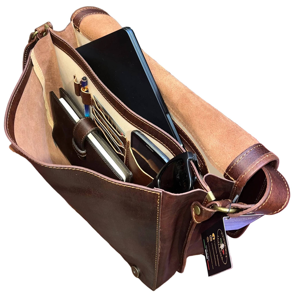 capienza interna destiny grande postino cartella in pelle marrone borsa fatta a mano in cuoio made in italy cuoieria italiana®