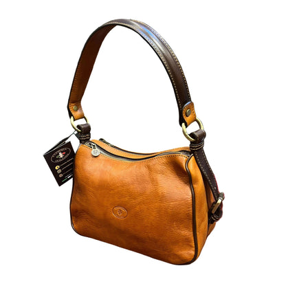 cassiopea borsa a tracolla in pelle tinta cuoio naturale e marrone testa di moro da donna borsa fatta a mano in cuoio made in italy cuoieria italiana®