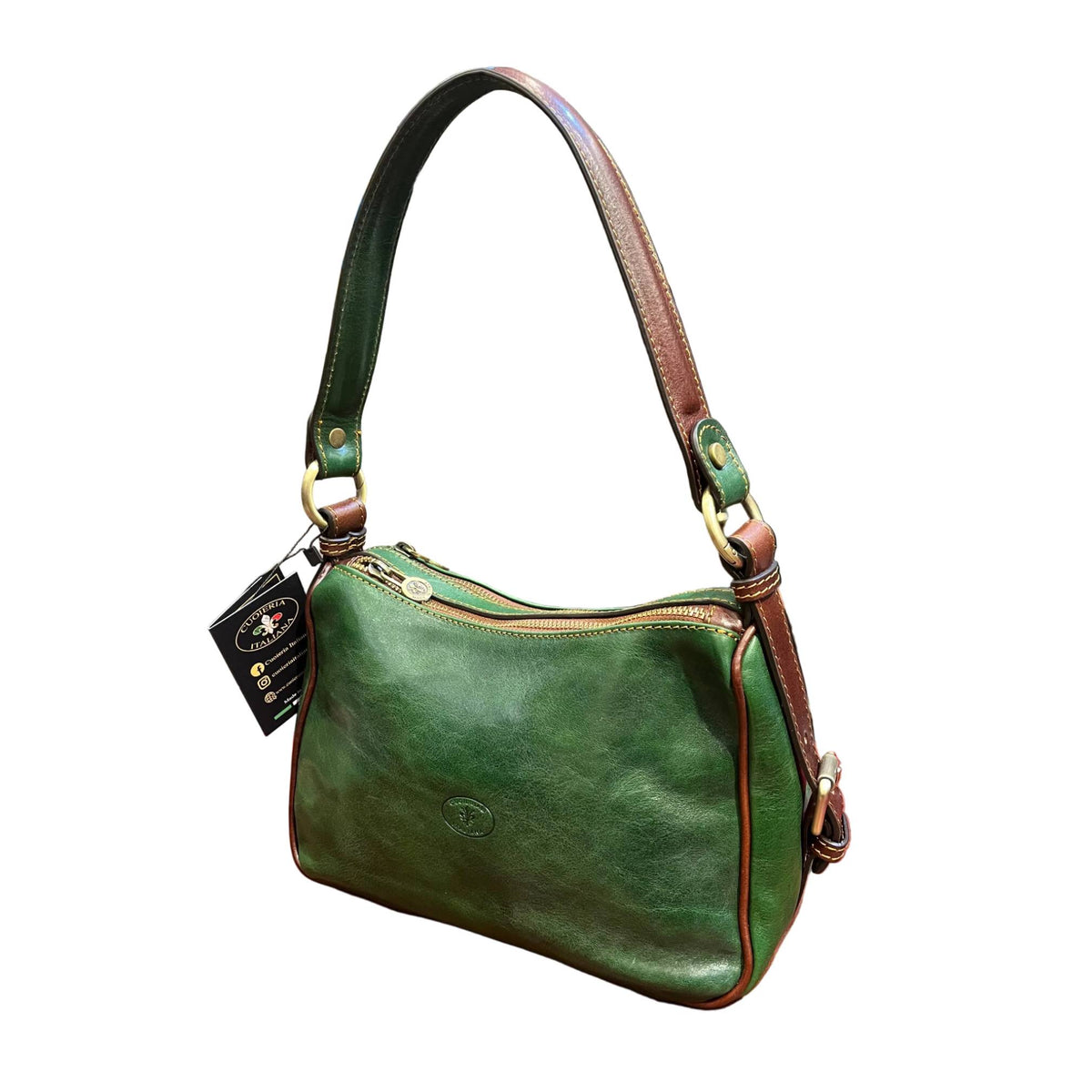 cassiopea borsa a tracolla in pelle verde e marrone da donna borsa fatta a mano in cuoio made in italy cuoieria italiana®