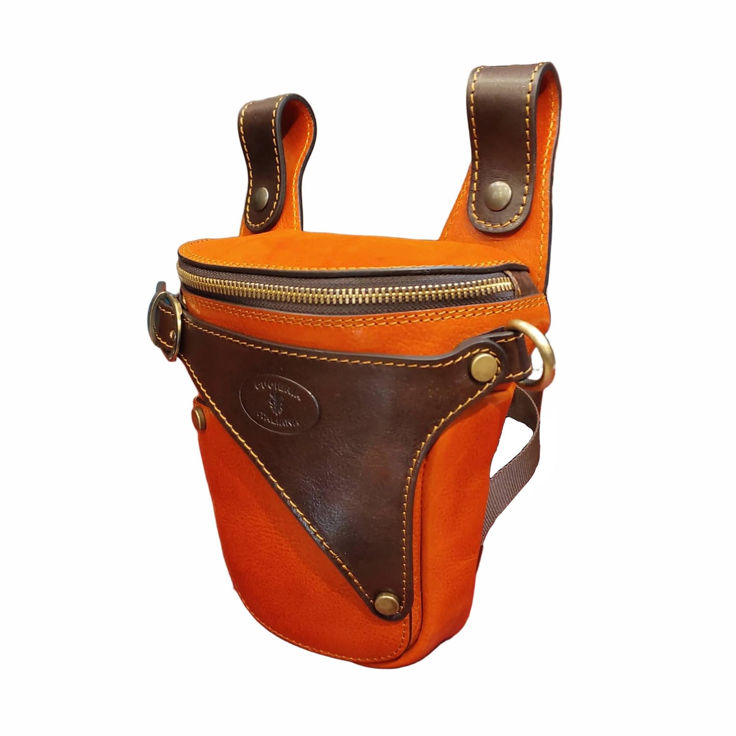 centauro borsa laterale per gamba da moto in pelle arancione e testa di moro marsupio custodia accessorio artigianale in cuoio made in italy cuoieria italiana