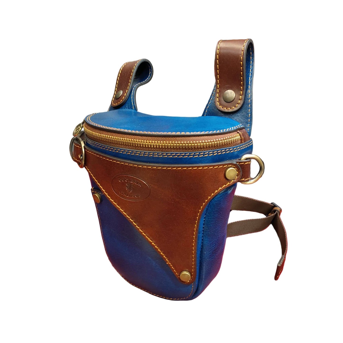 centauro borsa laterale per gamba da moto in pelle blue navy e marrone marsupio custodia accessorio artigianale in cuoio made in italy cuoieria italiana