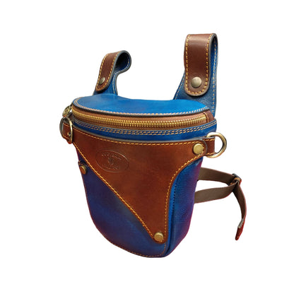 centauro borsa laterale per gamba da moto in pelle blue navy e marrone marsupio custodia accessorio artigianale in cuoio made in italy cuoieria italiana