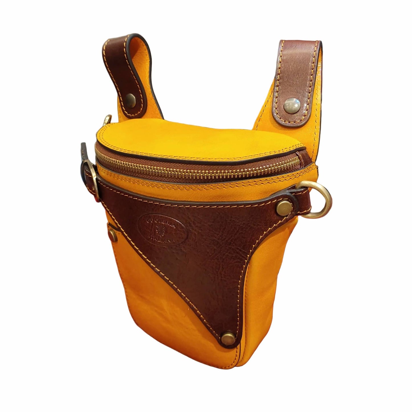 centauro borsa laterale per gamba da moto in pelle giallo e marrone marsupio custodia accessorio artigianale in cuoio made in italy cuoieria italiana