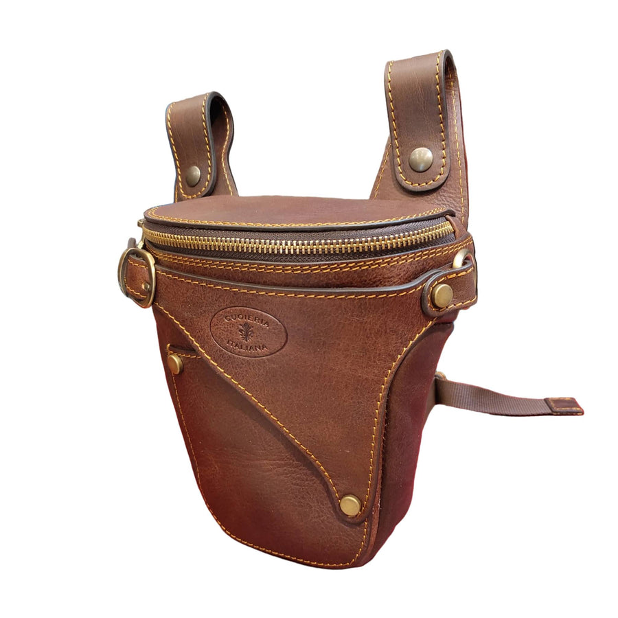 centauro borsa laterale per gamba da moto in pelle marrone marsupio custodia accessorio artigianale in cuoio made in italy cuoieria italiana