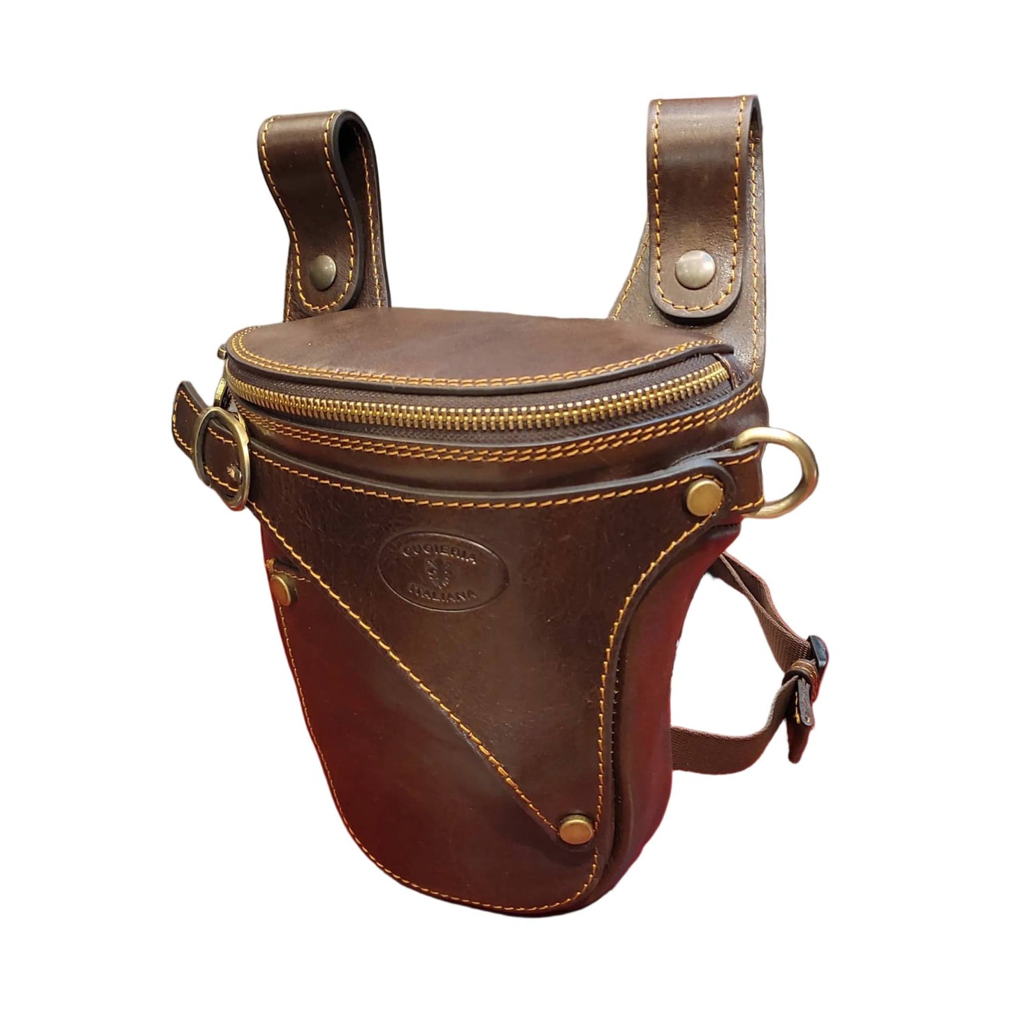 centauro borsa laterale per gamba da moto in pelle marrone scuro testa di moro marsupio custodia accessorio artigianale in cuoio made in italy cuoieria italiana