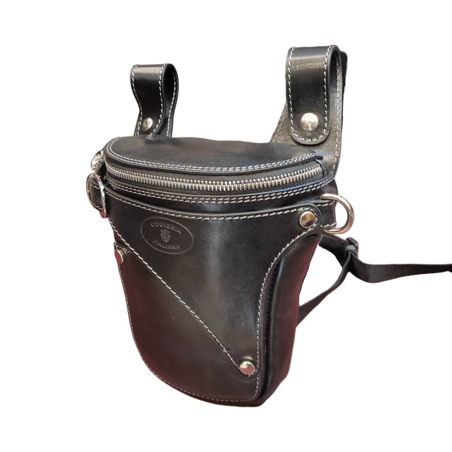 centauro borsa laterale per gamba da moto in pelle nero marsupio custodia accessorio artigianale in cuoio made in italy cuoieria italiana