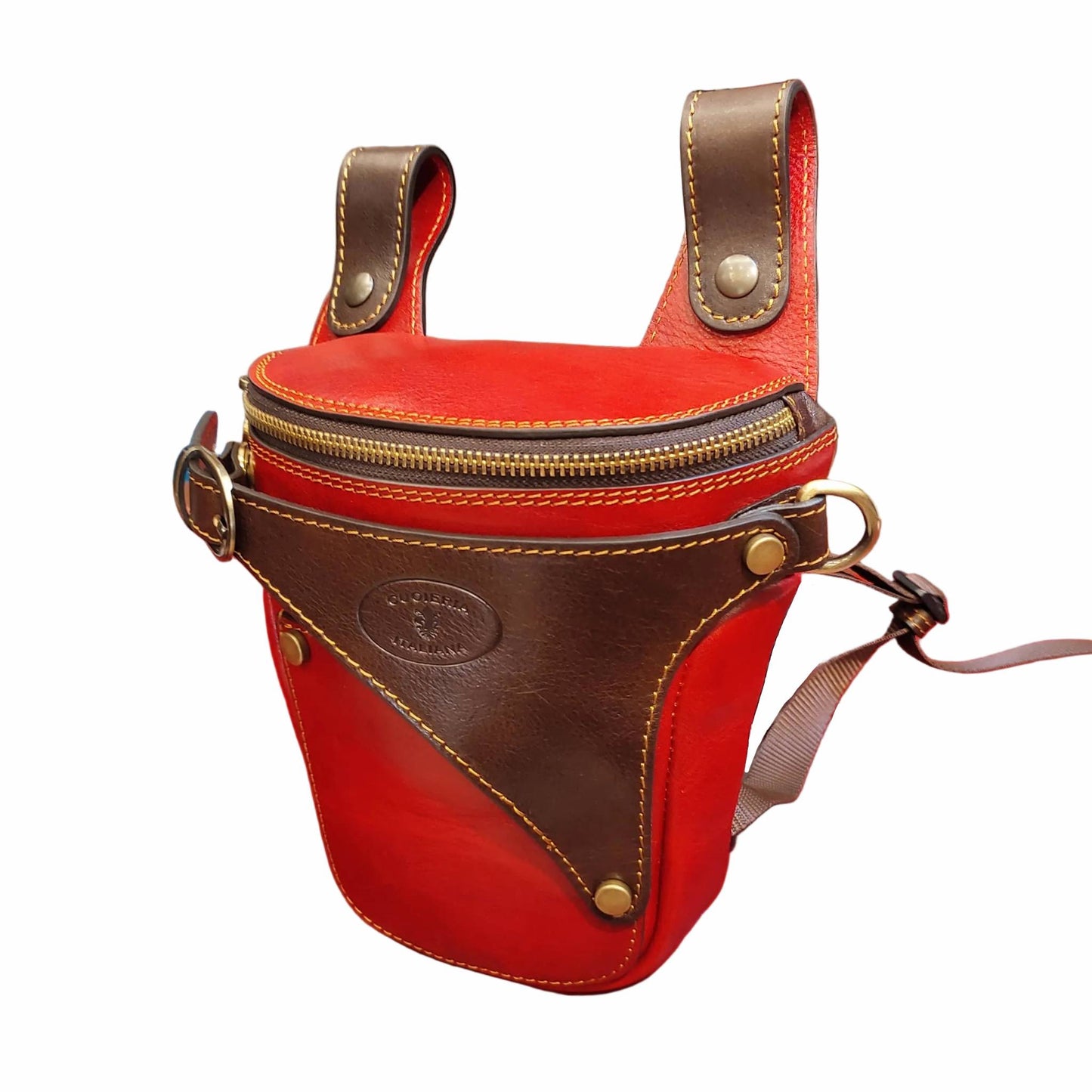 centauro borsa laterale per gamba da moto in pelle rosso e marrone marsupio custodia accessorio artigianale in cuoio made in italy cuoieria italiana