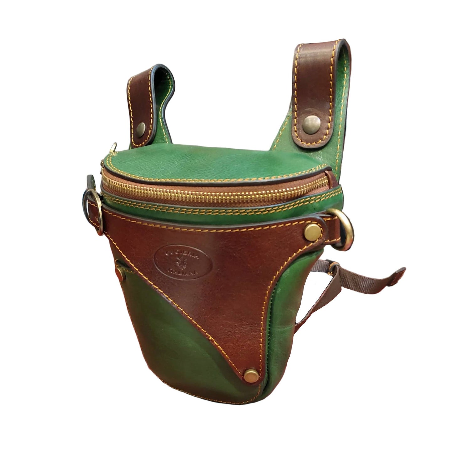 centauro borsa laterale per gamba da moto in pelle verde e marrone marsupio custodia accessorio artigianale in cuoio made in italy cuoieria italiana