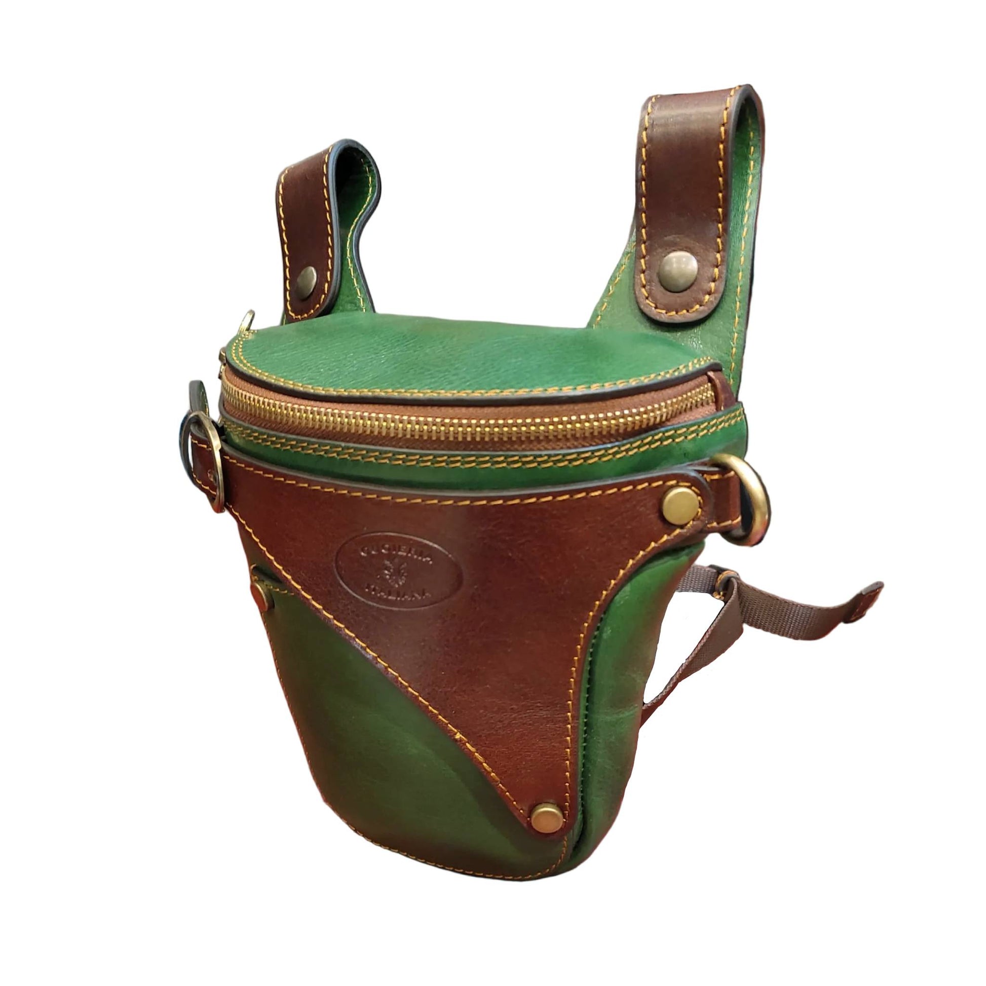 centauro borsa laterale per gamba da moto in pelle verde e marrone marsupio custodia accessorio artigianale in cuoio made in italy cuoieria italiana